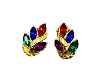Vintage Multicolor Clip On Earrings Mogul Red Blue Green Purple Color Rhinestones
