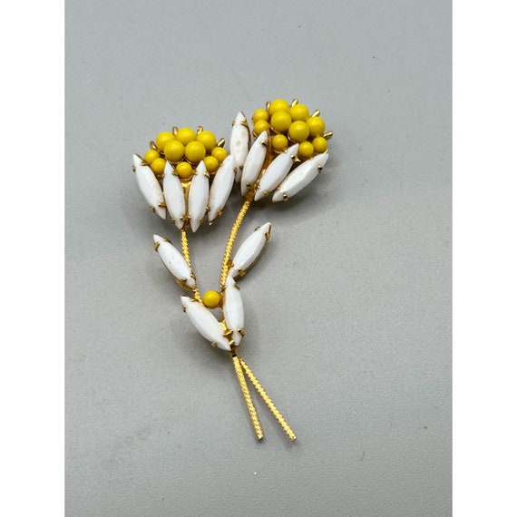 Vintage White & Yellow Floral Pin Brooch Rhinesto… - image 2