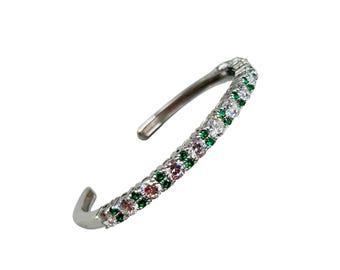 Sterling Silver Hinged Cuff Bracelet Clear And Emerald Green CZ 925 Bracelet
