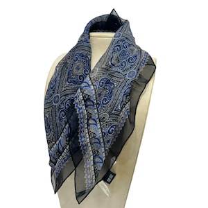 CASUAL CORNER Blue Silk Scarf Handkerchief Small Square 20&quot; x 21&quot; Black And Blue Design