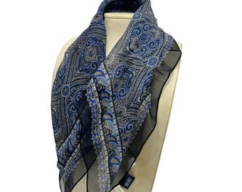 CASUAL CORNER Blue Silk Scarf Handkerchief Small Square 20" x 21" Black And Blue Design