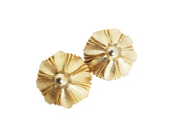 High Domed Flowers Earrings Clip On Gold Tone Floral Statement Vintage Earrings