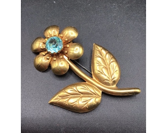 Early Vintage Flower Brooch 1940s Stamping Daisy Flower & Blue Glass Rhinestone