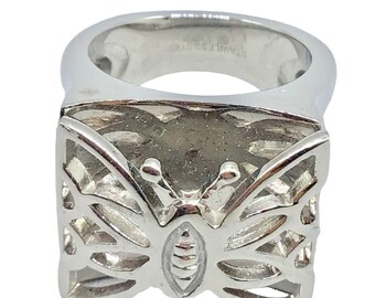 Stainless Steel Butterfly Ring Sz 8 Modernist Layered Design Cut Out Square Face