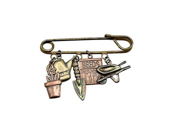 Gardener Pin Brooch Garden Lover Flowers Watering Can Seeds Charms Dangles