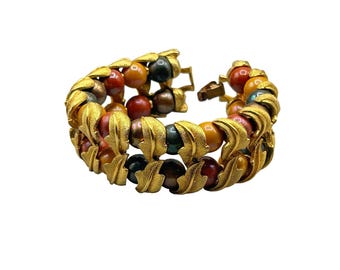 Vintage Gold Tone Leaf & Multicolor Bead Semi Rigid Leaf Links Bracelet 7 Inch