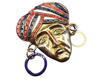 Vintage Face Brooch Green Eye Gem Figural Gold Plated with Plastic Hoop Earrings