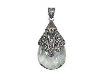 DOUG PAULUS DP Sterling Silver Crystal Drop Pendant Faceted Filigree  925 Silver