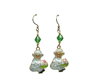 Enamel Silvery Blue Monkey Dangle Earrings with Green Bead Accents Double Sided