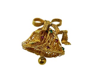 Vintage Gold Tone Bell Brooch Rhinestones Wirework Design Christmas Jingle Bell