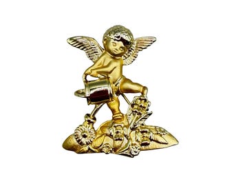 Cherub Angel Pin Brooch Gardening Flowers Gold Tone Vintage Pin