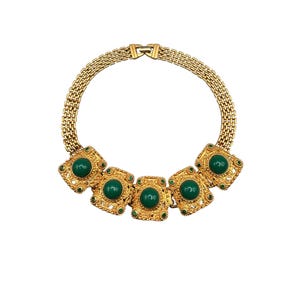 Vintage Wide Gold Tone Collar Necklace With Green Rhinestones & Cabochons