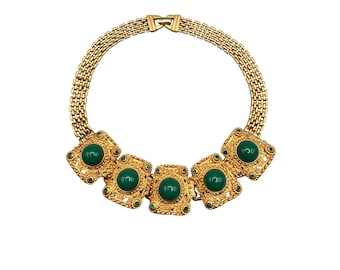 Vintage Wide Gold Tone Collar Necklace With Green Rhinestones & Cabochons
