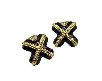 Vintage Gold & Black Enamel Clip On Earrings Criss Cross Classy X Shaped Design