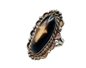 Vintage Native Ring Size 5.5 Sterling Silver & Wood Unsigned Oval Oblong Shape