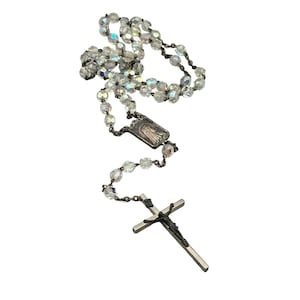 Vintage Roma Aurora Borealis Crystal Rosary with Silver Crucifix & Madonna Medal