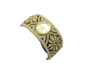 HEIDI DAUS Bronze Tone Crystal Watch Hinged Bangle Bracelet Jeweled Hinged Bangle