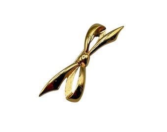 Vintage Monet Delicate Thin Ribbon Bow Pin Brooch Shiny Gold Tone