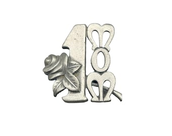1 MOM Pewter Pin Brooch Vintage 70s Pin with Rose Flower Mothers Day Gift