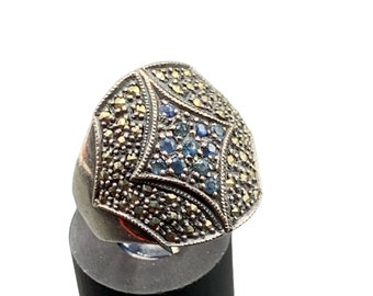 Marcasite and Blue Sapphires Ring Sterling Silver Wide Band Size 7.5