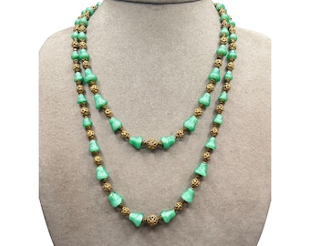 Czech Glass Necklace Green Art Glass And Brass Filigree Beads Double Strand