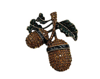 Rhinestones Acorn Pin Brooch Pendant Orange Crystals Fall Autumn Costume Jewelry