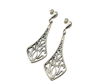 Vintage Sterling Silver Dangles Earrings Openwork Pierced Drops Statement Log Drops