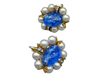 Vintage 1950s Clip On Earrings with Blue Oval Glass Center & Faux Pearl Accents