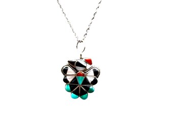 Vintage Zuni Sterling Silver Thunderbird Pendant Necklace Onyx Turquoise Mother Of Pearl Stone