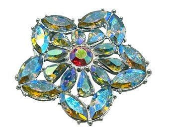 Vintage Blue Aurora Borealis Flower Pin Brooch Silver Tone Metal Costume Jewelry
