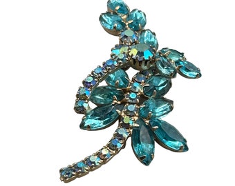 Aqua Blue Aurora Borealis Rhinestones Brooch Vintage Flower Leaf Shaped Pin