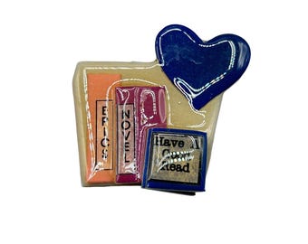 Books Pin By Lucinda Vintage Collectible Handmade Pin Books with Blue Heart