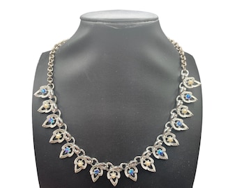 Retro Vintage Necklace Aurora Borealis Stones & Pearls Leaf Design
