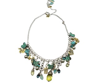 Handcrafted Loaded Charm Necklace Sterling Silver Chains Green Yellow Tones
