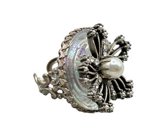 Sweet Romance Ollipop USA Round Opalescent Stone Flower Pearl Adjustable Ring