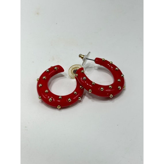 Signed KJL Red Hoops Earrings Studded Gold Dots P… - image 6