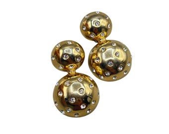 90s Clip On Earrings Chunky Oversized Domed Clips With Rhinestones Gold Tone