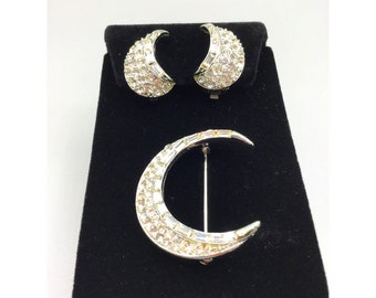 Signed Lisner Crescent Moon Brooch & Earrings Set Silver Tone Half Moon Stones