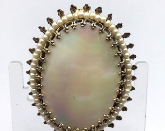 Vintage Mother of Pearl Brooch Pin Pendant Oval Faux Seed Pearls Frame Gold Tone