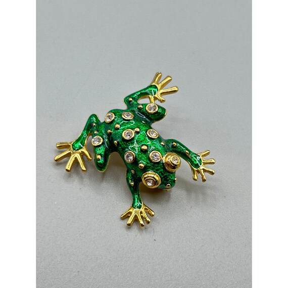 Vintage Green Frog Brooch Pin Gold Tone Enameled … - image 2