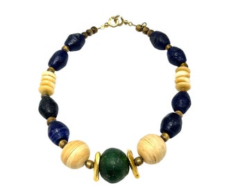 Vtg Signed EC Necklace Chunky Primitive Blue Green Glass Beads Gold Tone Accents