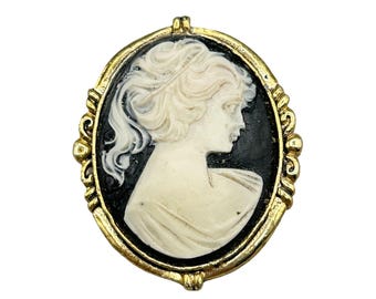 Vintage Resin Cameo Brooch Black and White Lady Profile on Gold Tone Setting