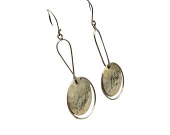 Sterling Silver 925 Dangles Earrings Pierced Long Drops with Hammered Disks