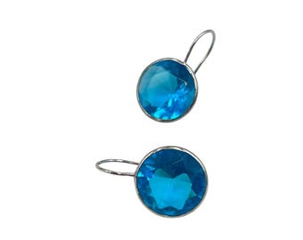 Sterling Silver Blue Earrings Crystal Round Drop Dangles Hook Earrings Aqua Blue
