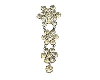 Vintage Sterling Silver Rhinestone Dangle Flower Brooch Pin 3.5"