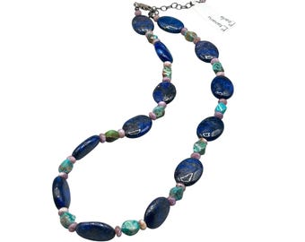 Lapis Lazuli And Turquoise Necklace Beaded Single Strand Genuine Stones