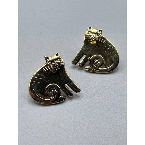 Vintage Laurel Burch Cats Earrings Gold Tone Studs Small Chubby Fun Keshire Cats