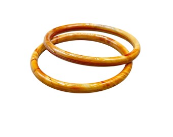 Vintage Slag Glass Bangle Bracelets Art Glass Agate Color Swirls Orange Set Of 2