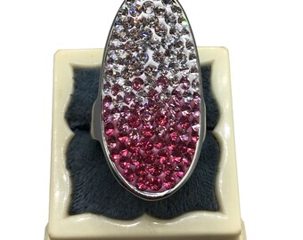Pink & Clear Ombre Rhinestones Ring Size 8 Silver Tone Elongated Oval Shaped
