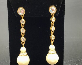 Classic Long Dangle Earrings Rhinestones & Pearls Gold Tone Drops Korean Style